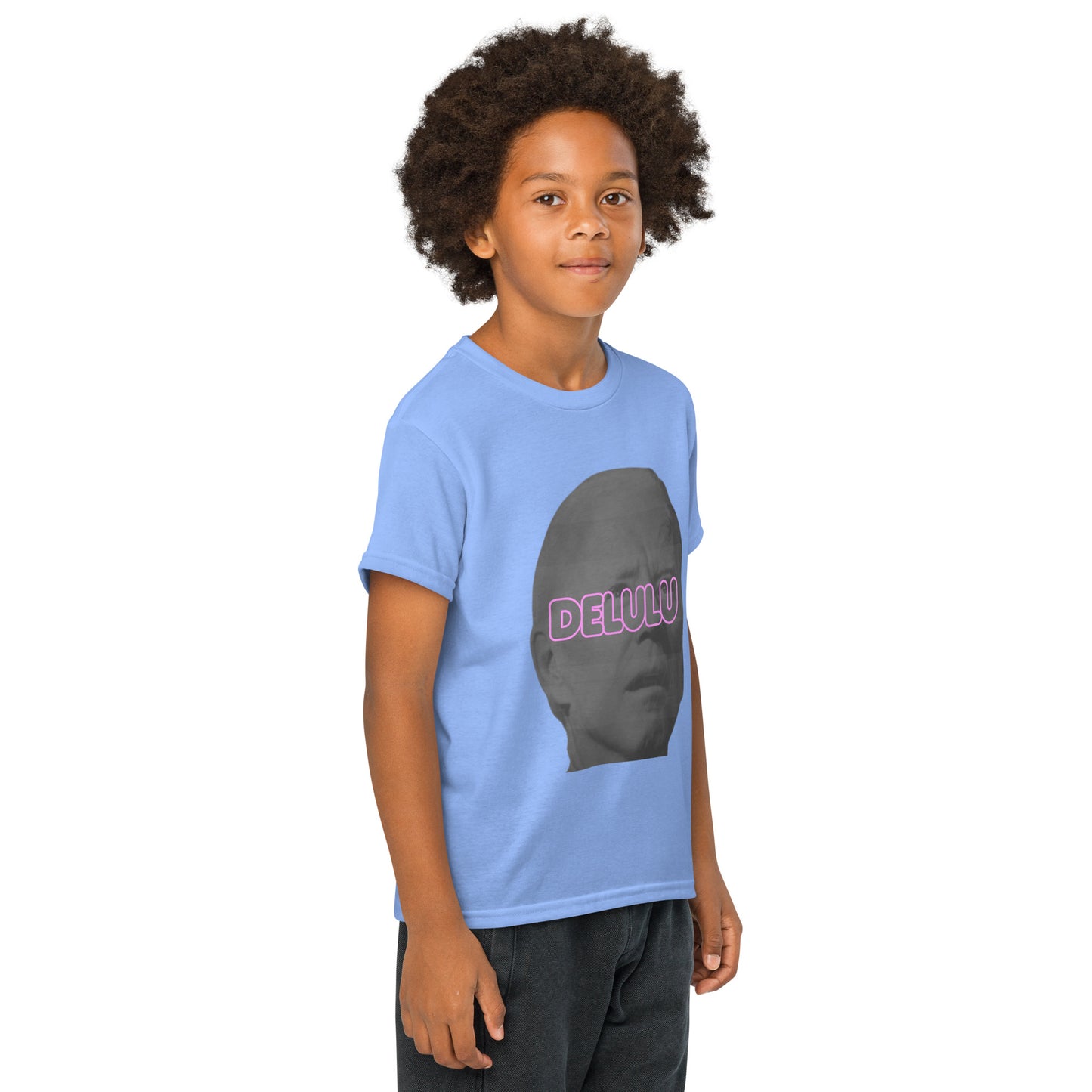 Back view of plain Carolina blue youth Delulu t-shirt on young model, clean and simple