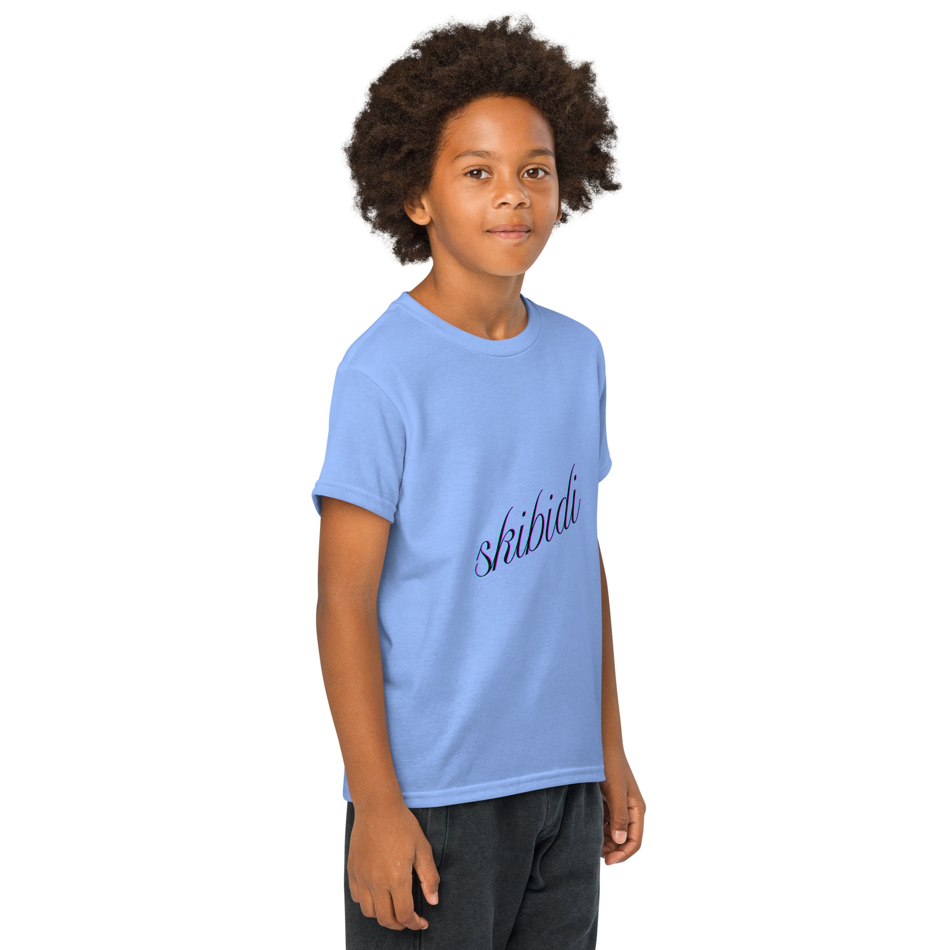 Back view of plain Carolina blue skibidi youth t-shirt on kid model in black pants