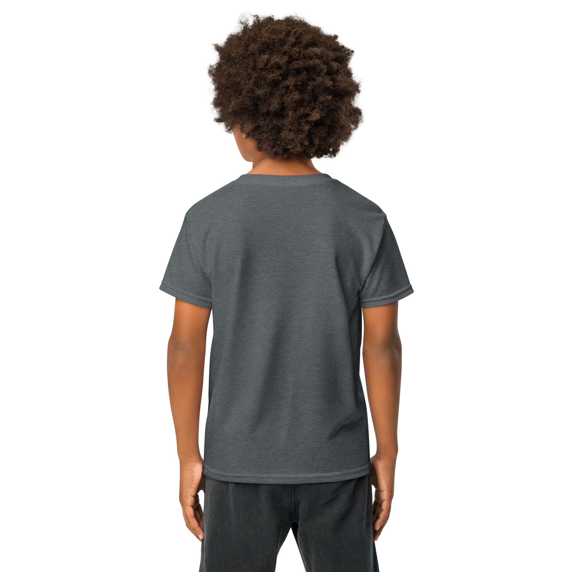 Back view of plain dark heather gray youth t-shirt on young model, no print