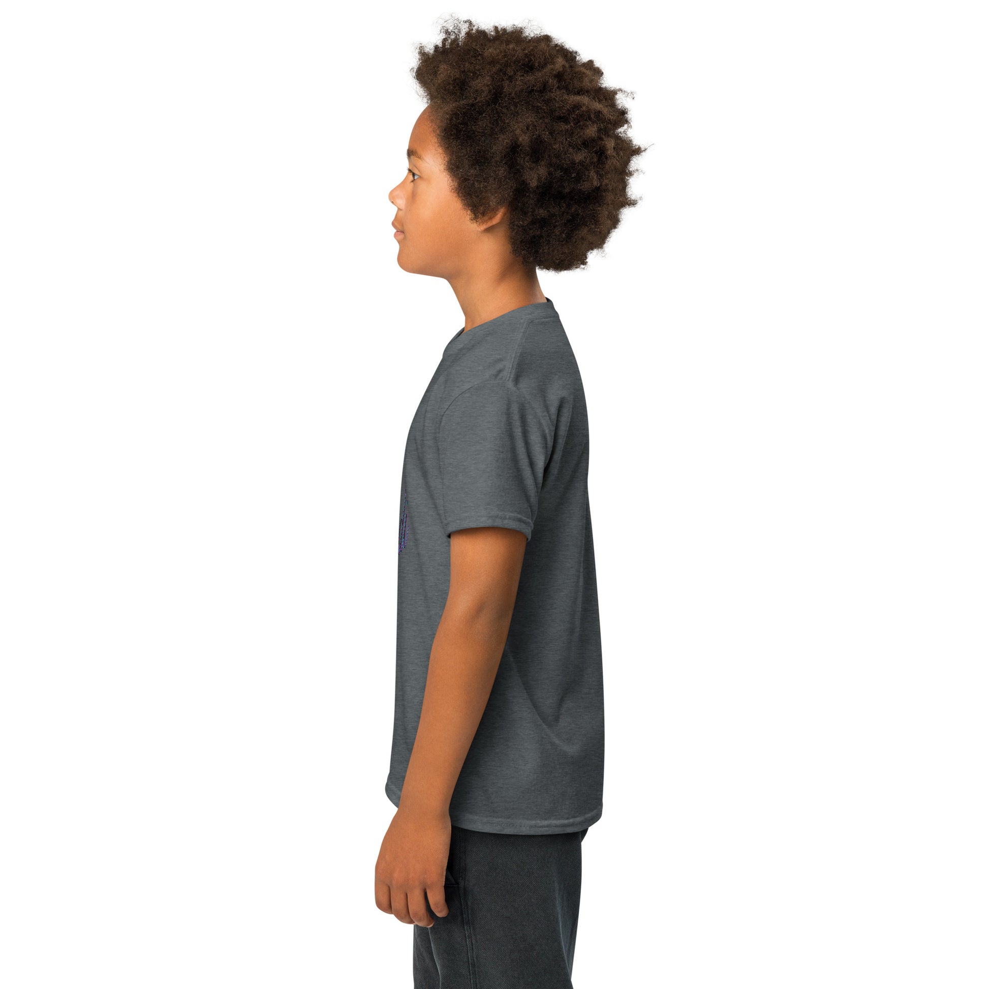 Left side profile of young model in plain dark heather gray youth t-shirt, chill stance