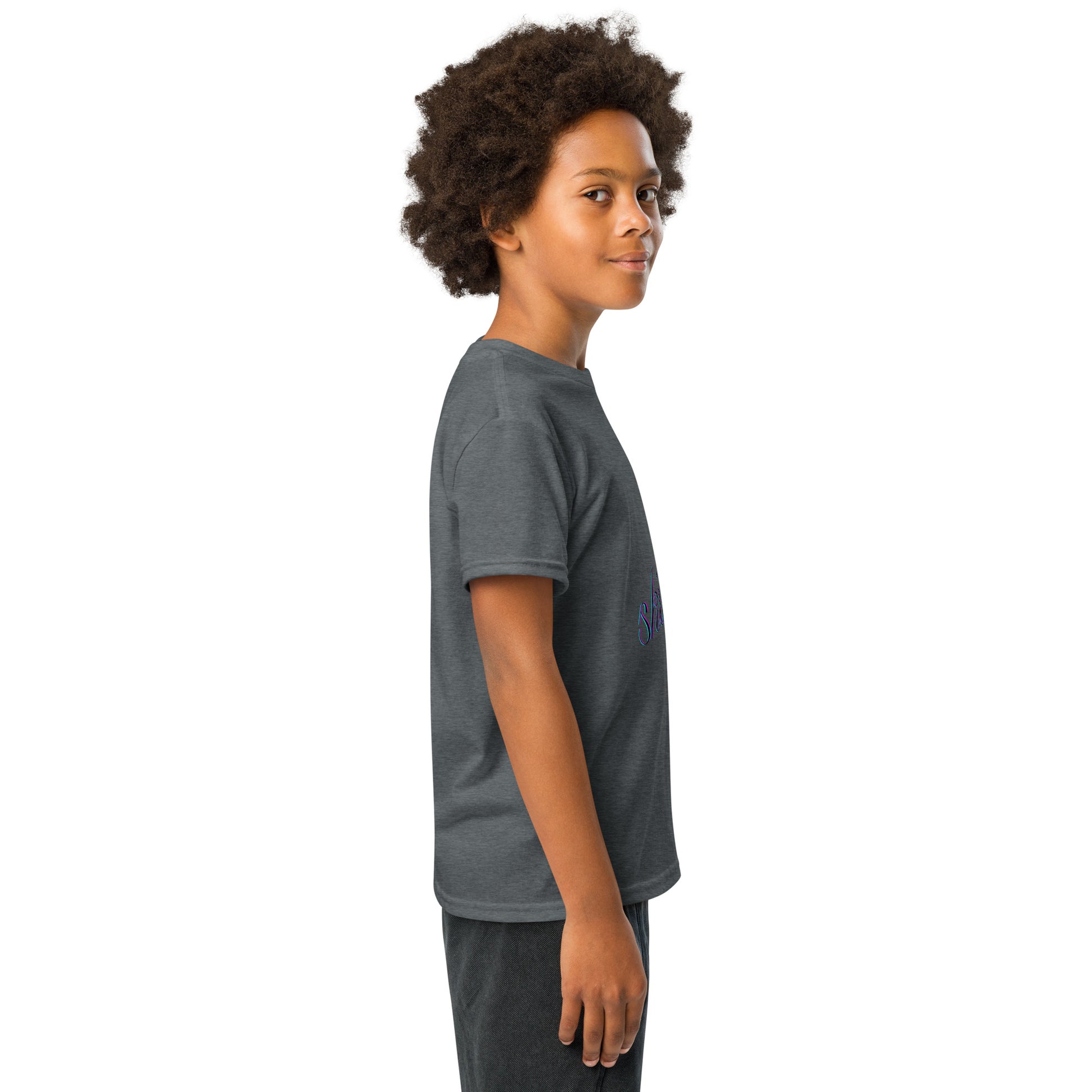 Right side view of young model in dark heather gray youth t-shirt, purple "skibidi" peeking out