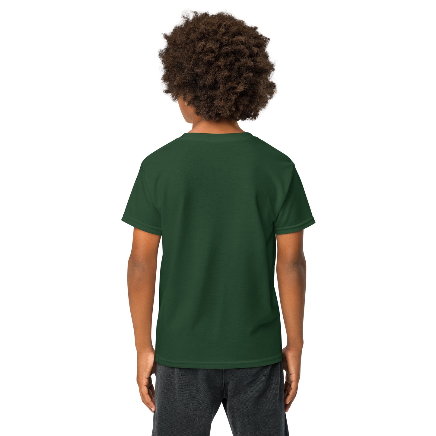 Back view of plain forest green youth t-shirt on young model, adventure-ready