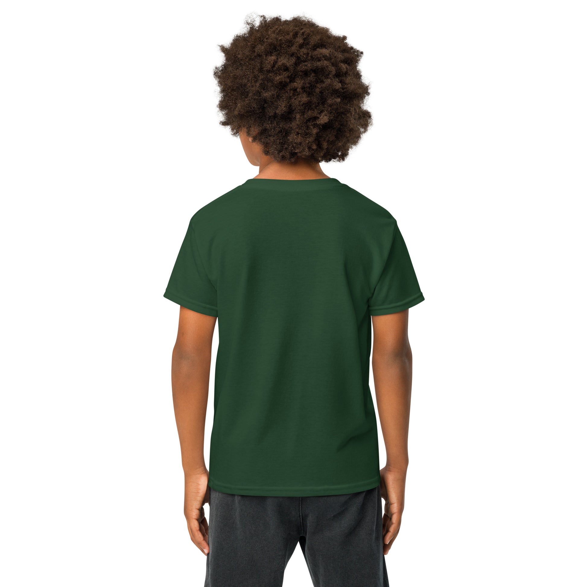 Back view of plain forest green youth t-shirt on young model, adventure-ready