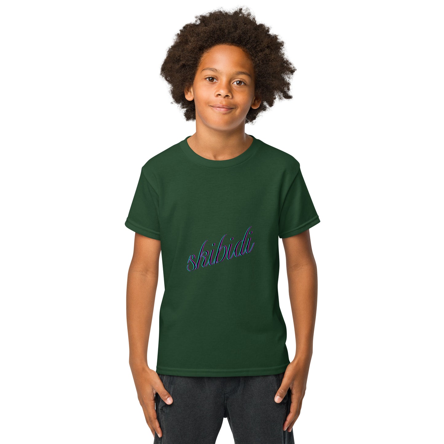 Front view of smiling young model in forest green youth t-shirt with purple cursive "skibidi"
