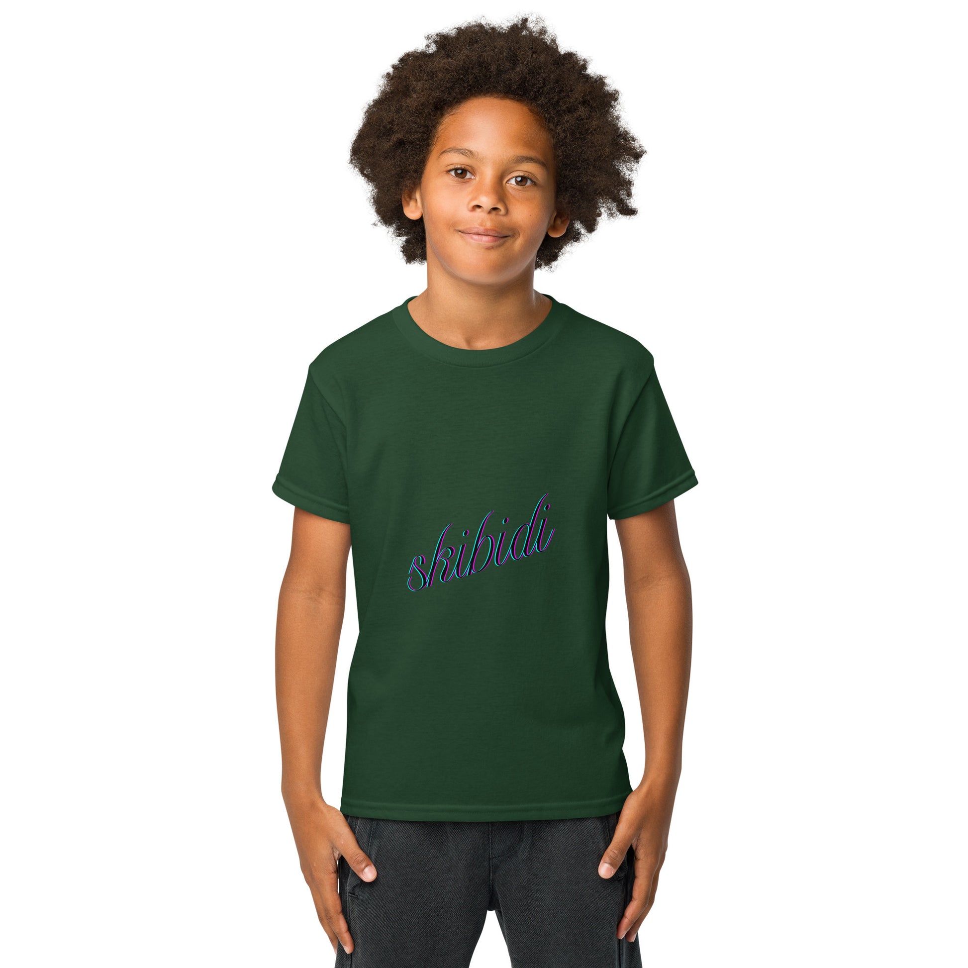 Front view of smiling young model in forest green youth t-shirt with purple cursive "skibidi"