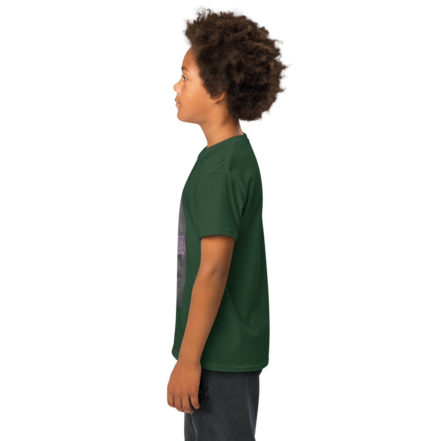 Side profile view of boy in forest green Delulu youth t-shirt, partial pink "DELU" and gray face visible