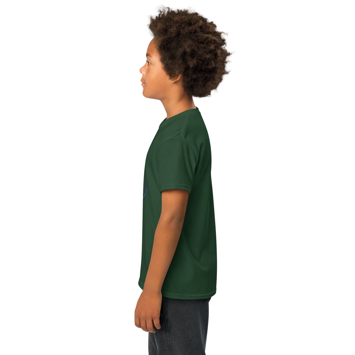 Left side profile of young model in plain forest green youth t-shirt, relaxed pose