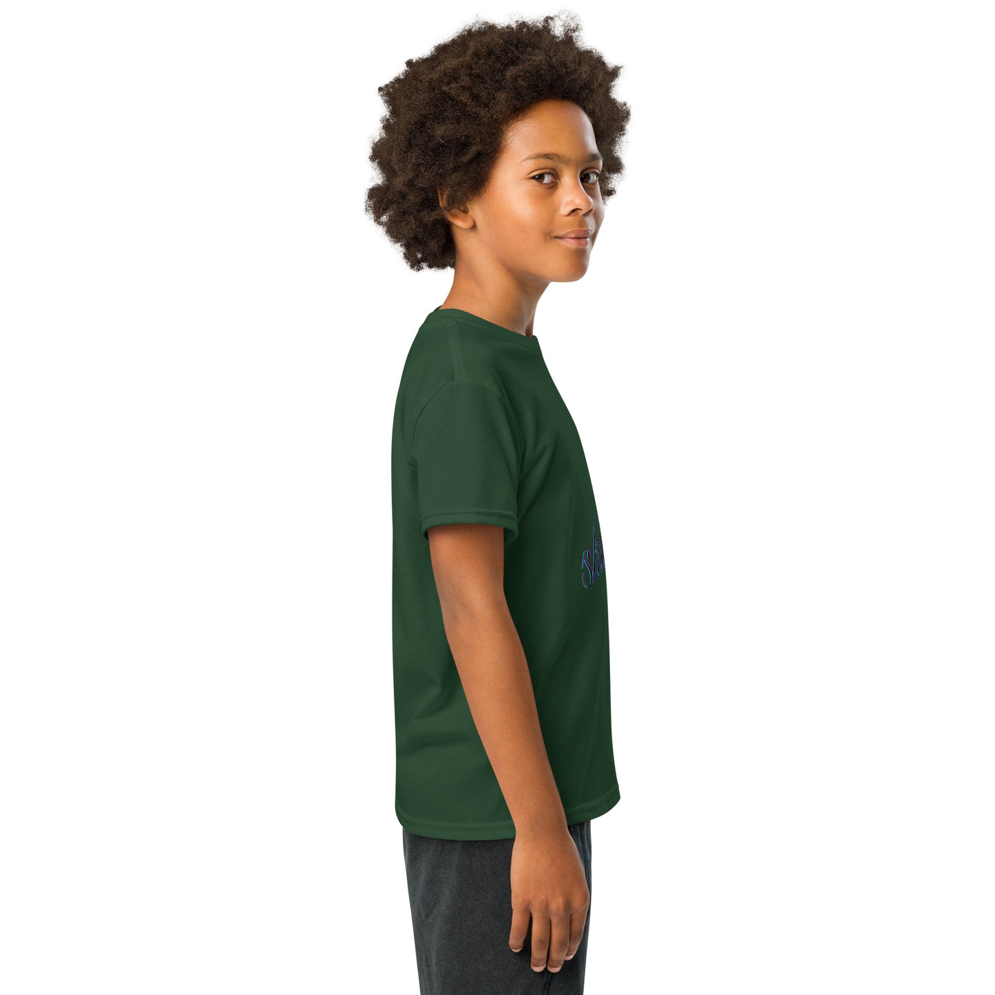 Right side view of young model in forest green youth t-shirt, hint of purple "skibidi"