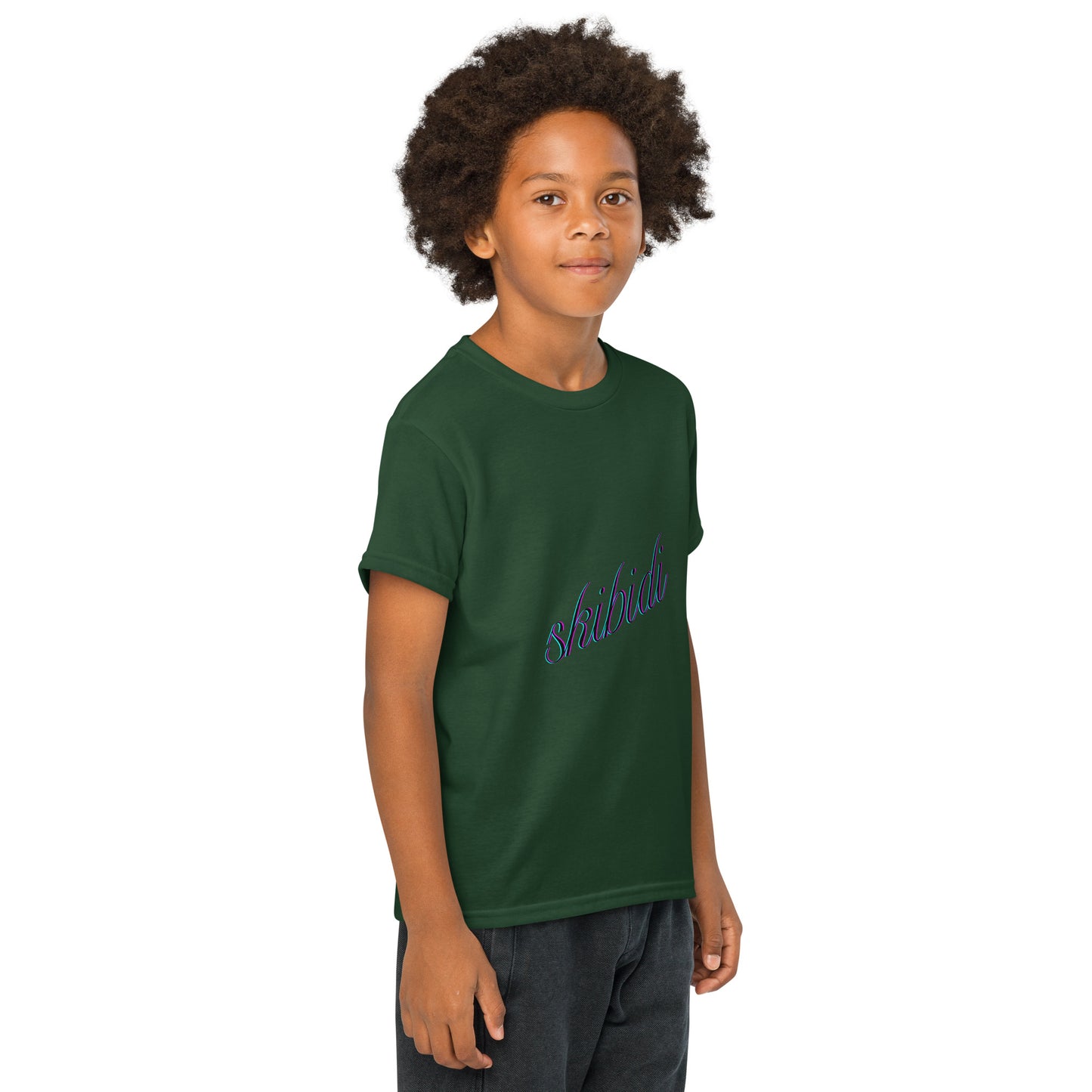 Side view of young model in forest green youth t-shirt with visible purple "skibidi" script