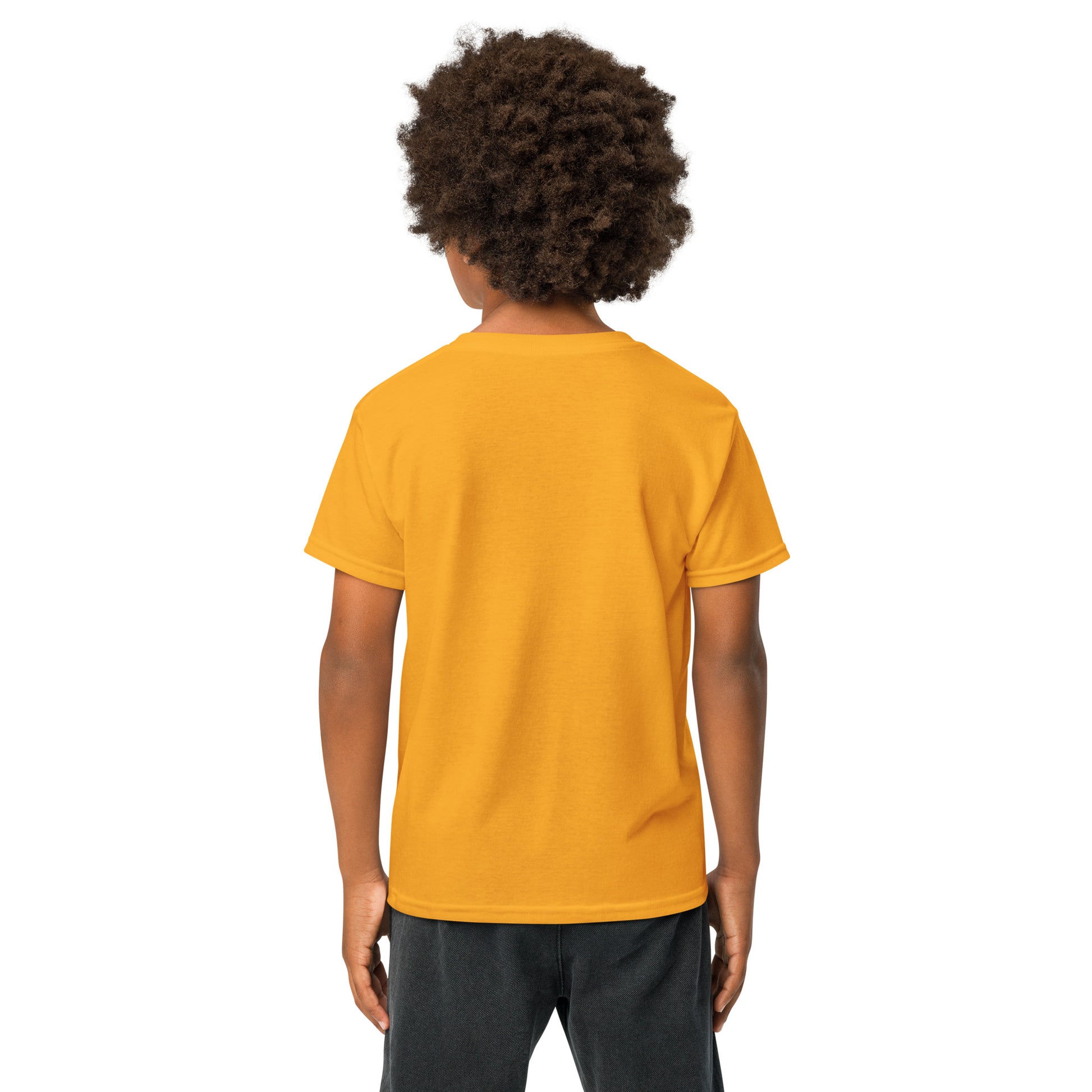 Front view of navy cursive "skibidi" on gold youth t-shirt worn by smiling kid