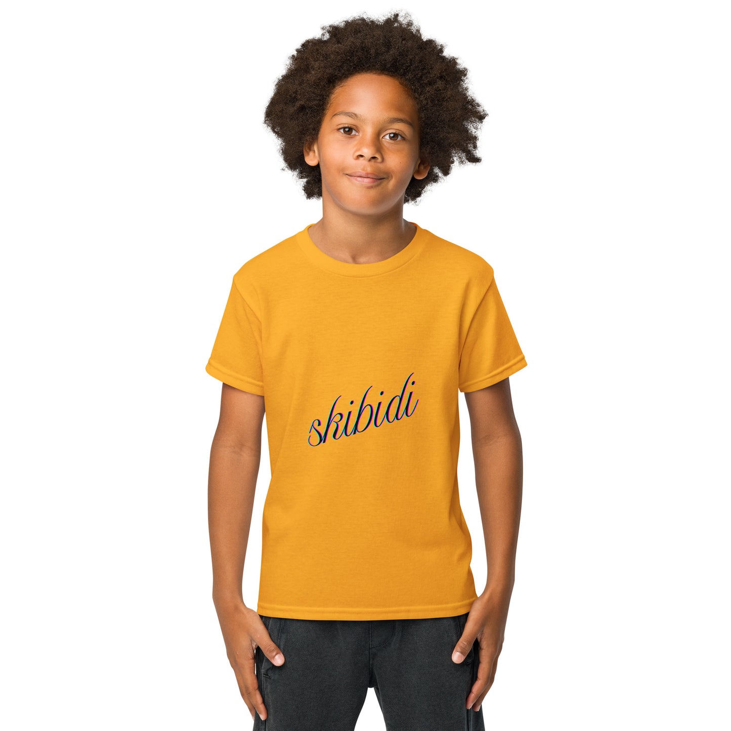 Side profile of kid in gold skibidi youth t-shirt, hint of navy cursive text