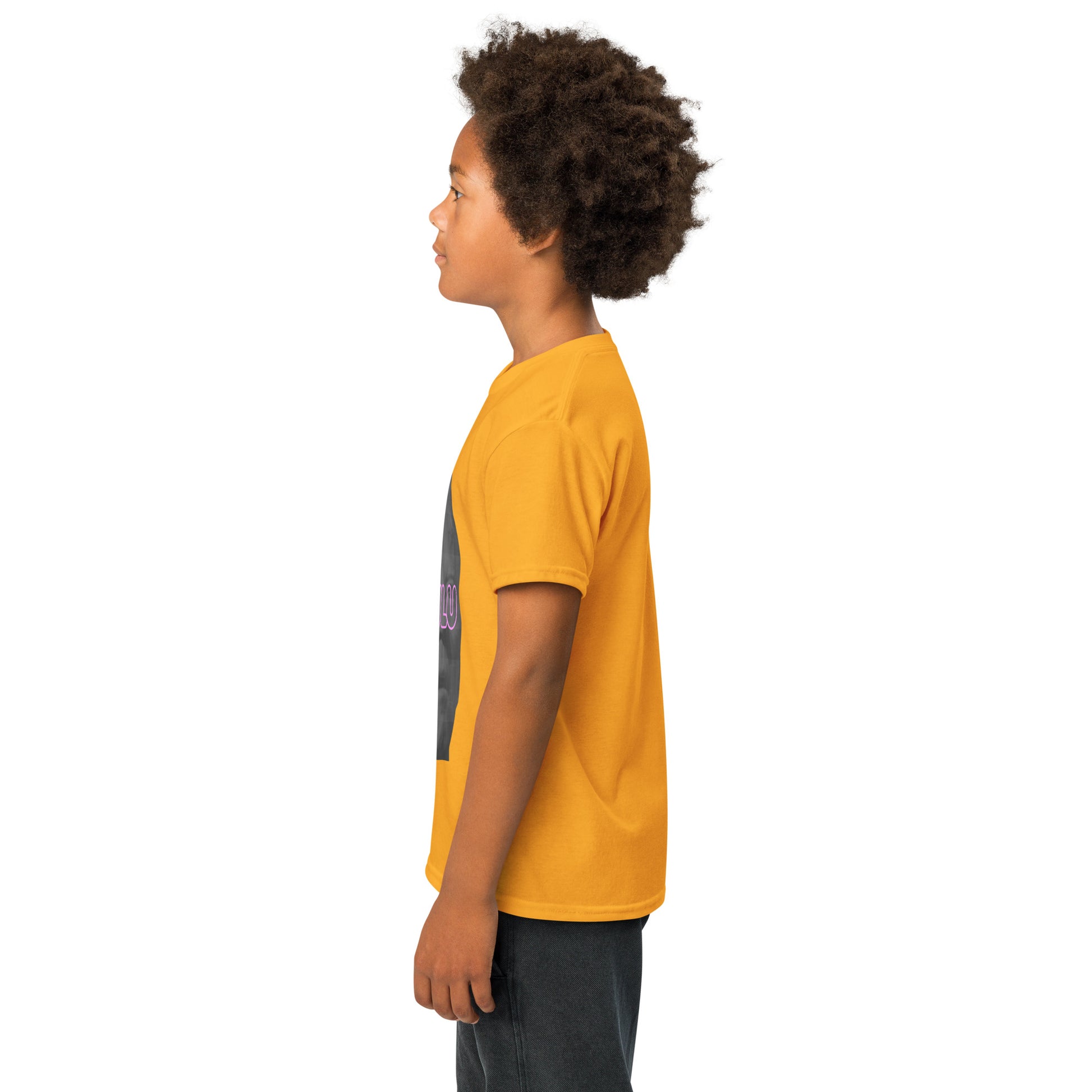 Left side profile of gold youth t-shirt on kid model, subtle Delulu design edge
