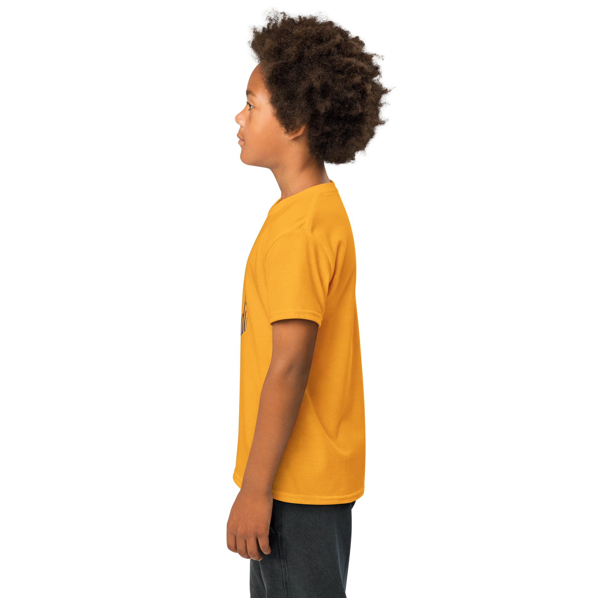 Kid model 3/4 side view in gold skibidi youth t-shirt, navy "skibidi" script visible