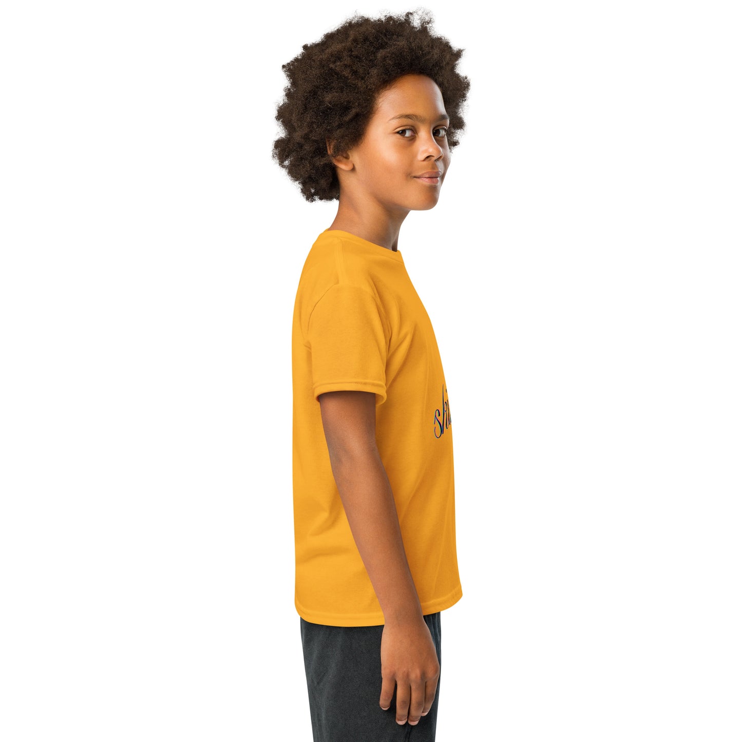 Back view of plain gold skibidi youth t-shirt on young model