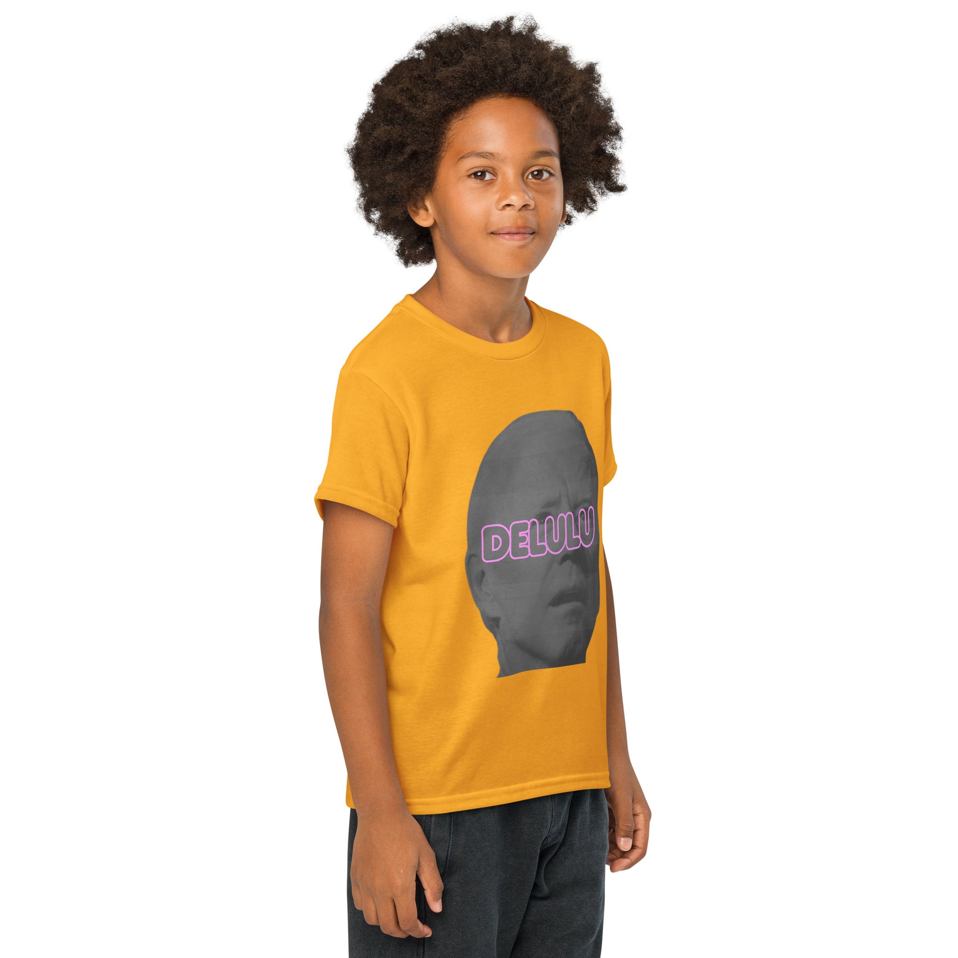 Back view of plain gold youth t-shirt on smiling kid model