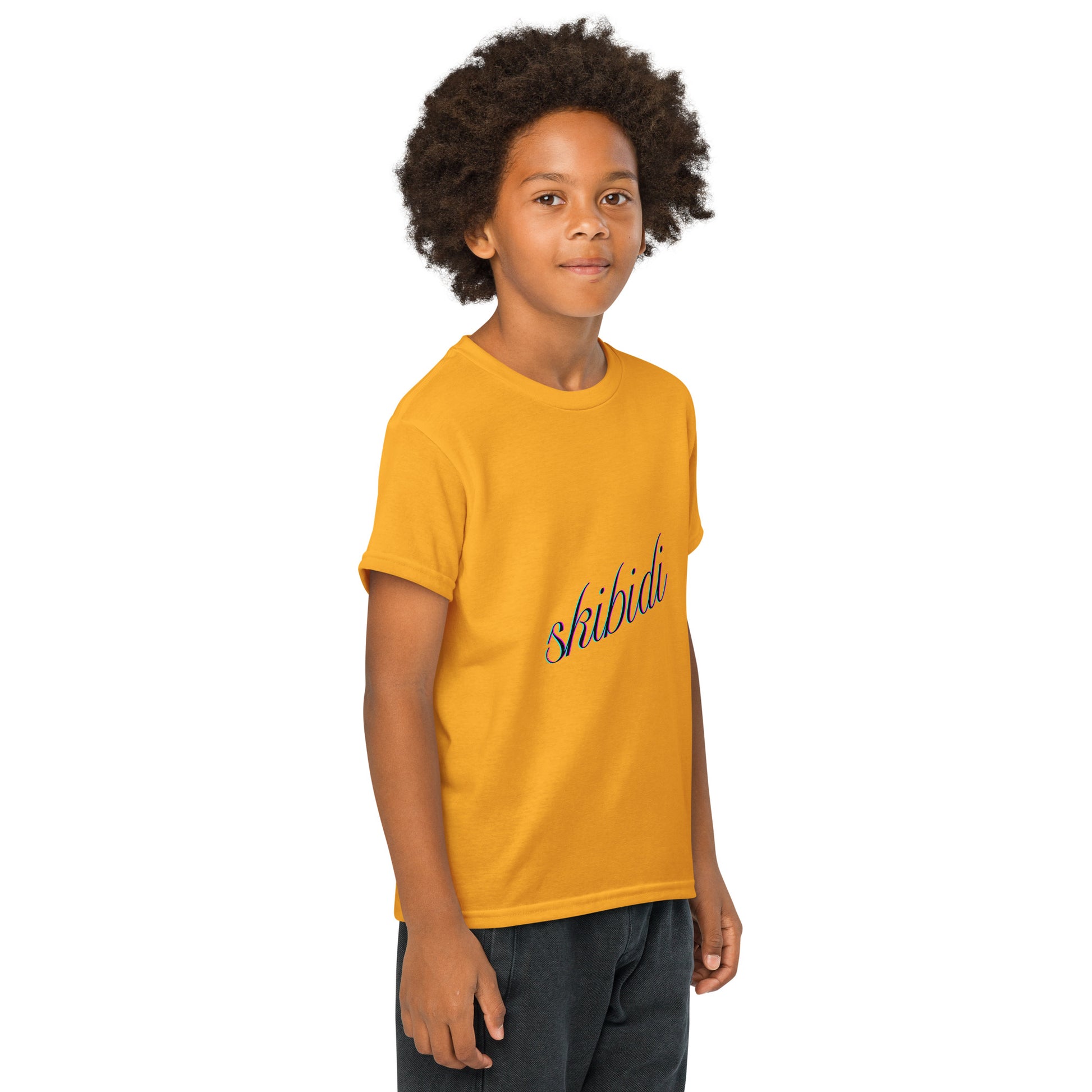 Kid model front view with soccer ball in gold skibidi youth t-shirt, navy cursive print