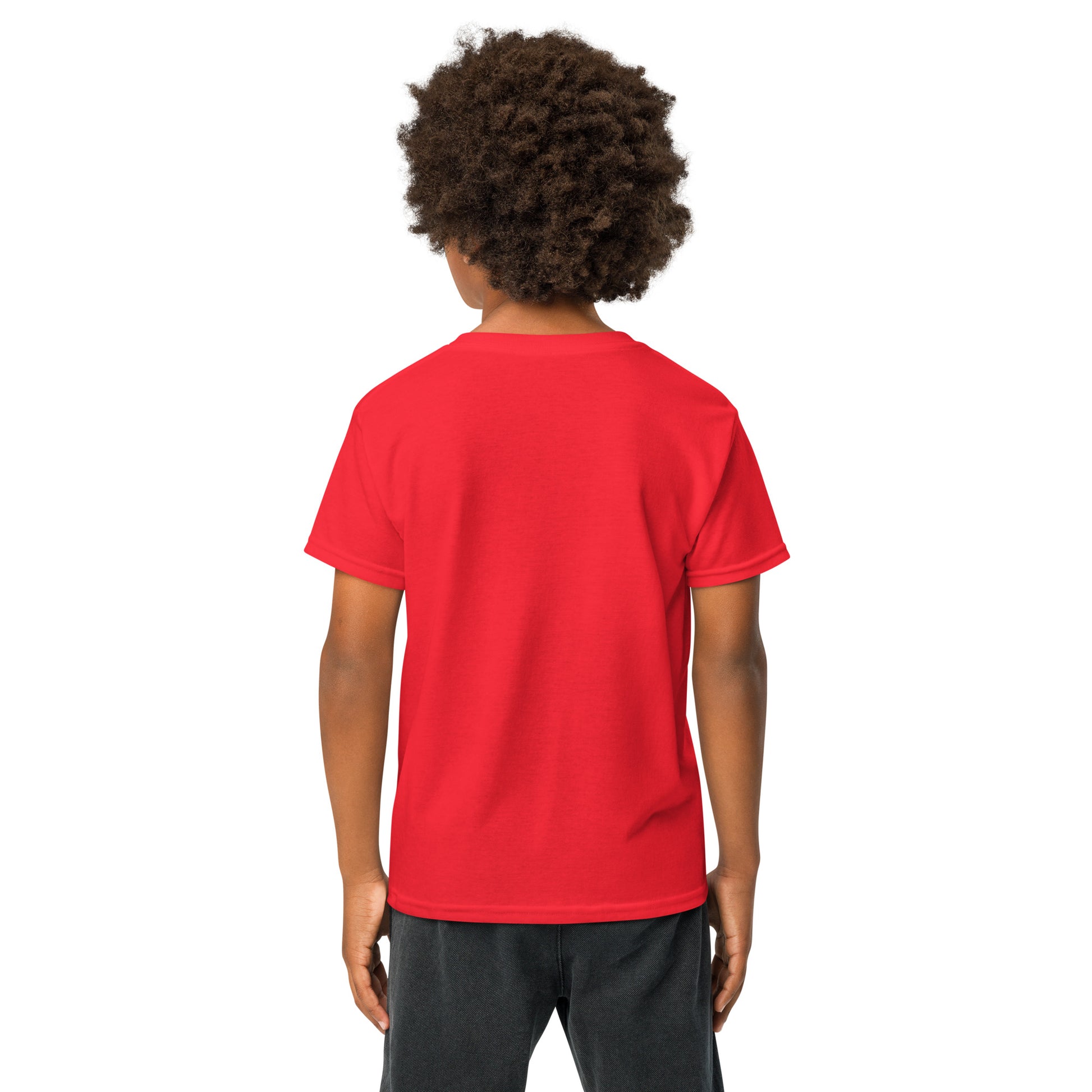 Back view of plain red Delulu youth t-shirt on kid with afro, fresh and simple