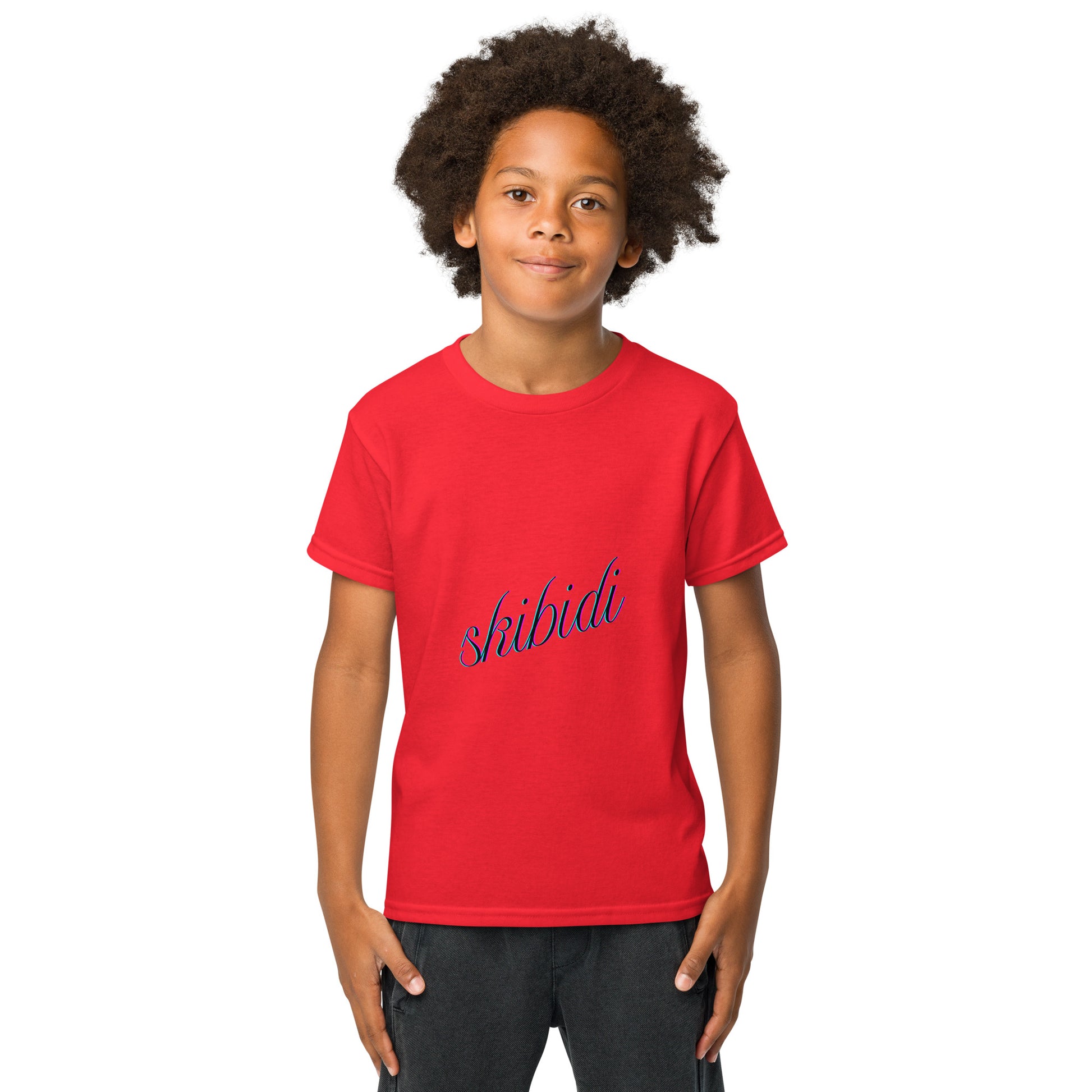 Kid front view in vibrant red skibidi youth tee, navy "skibidi" cursive print stealing the show