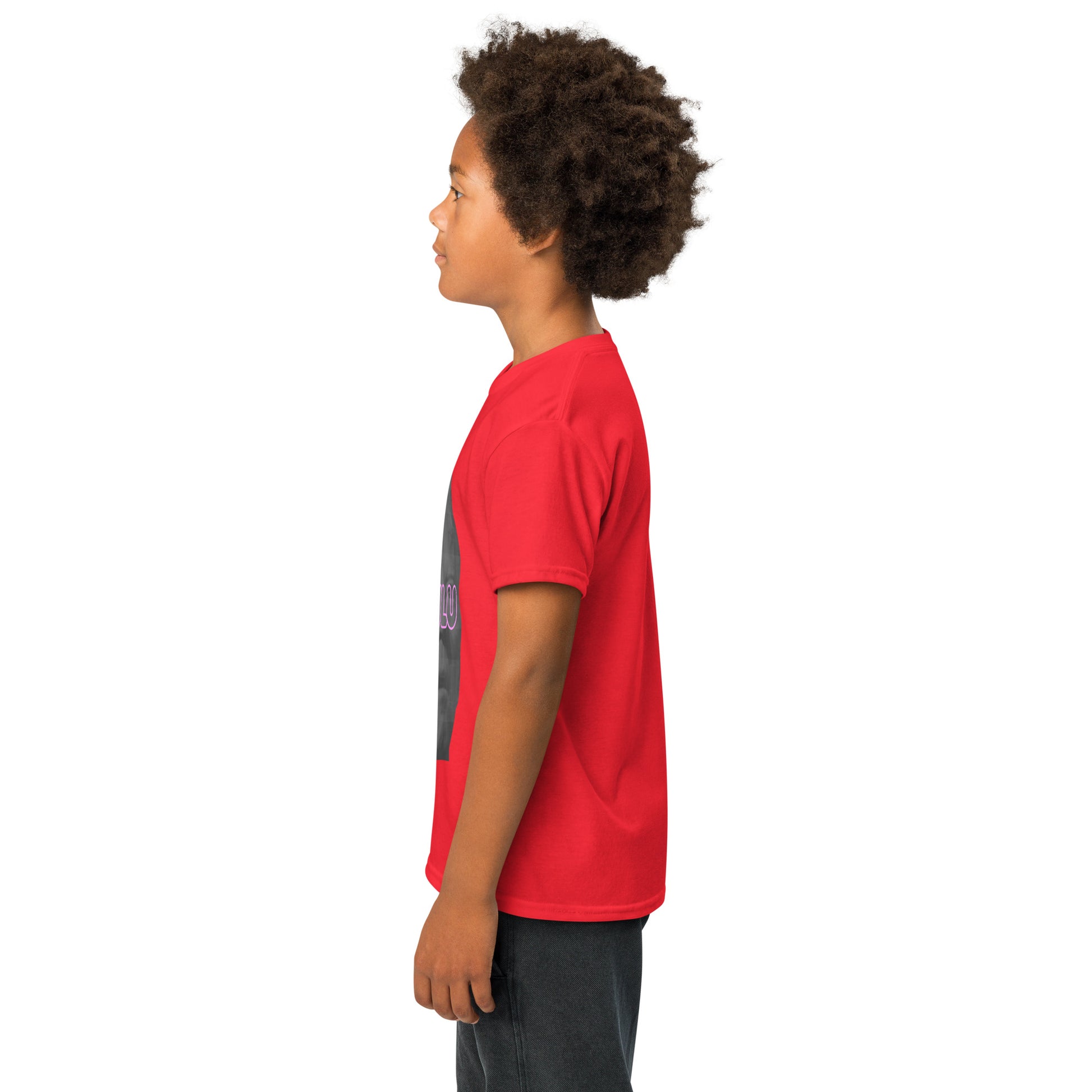Left side profile of boy in red Delulu youth t-shirt, edge of pink "DELU" and gray face showing