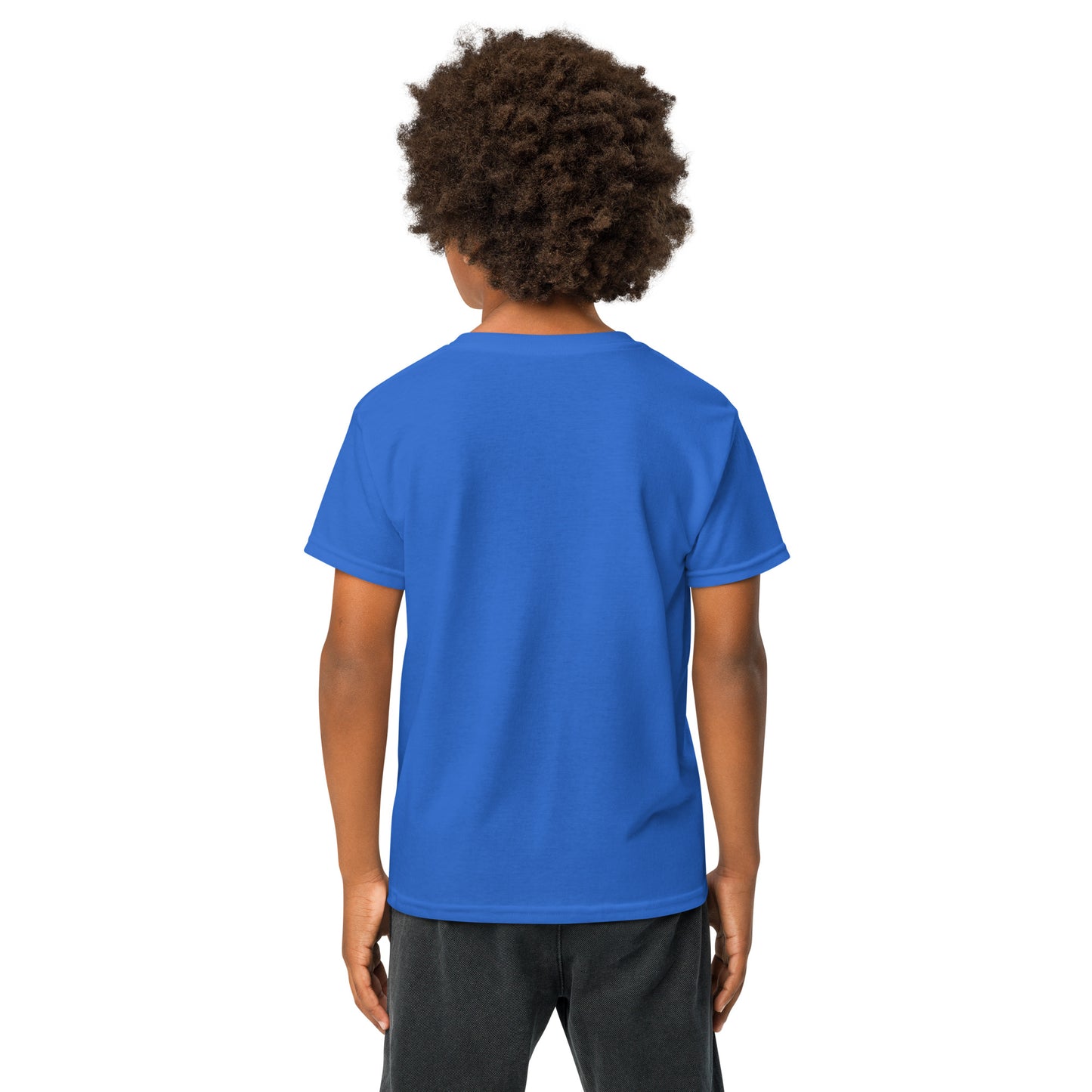 Kid model holding soccer ball, front royal blue Delulu tee with pink text on gray face