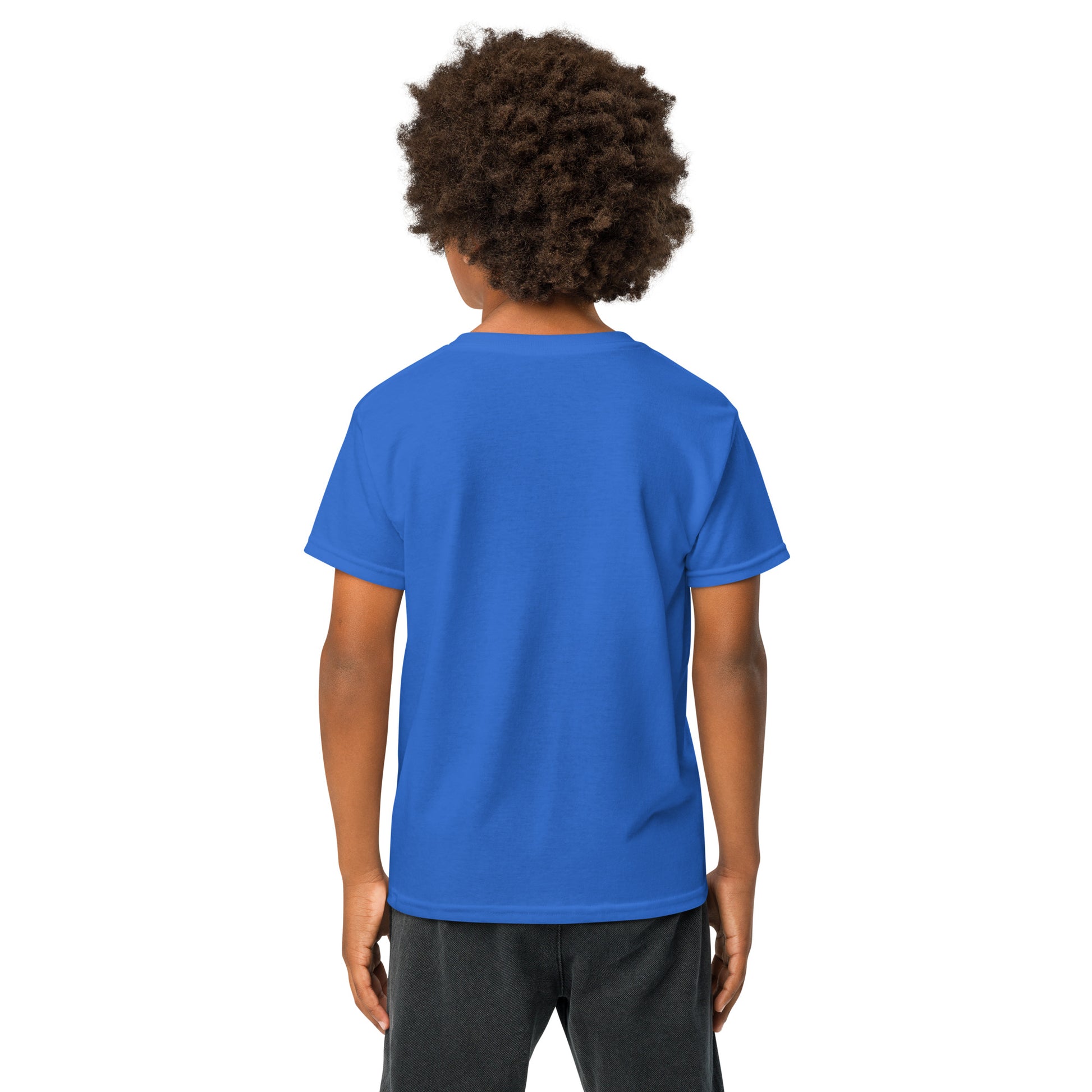 Kid model holding soccer ball, front royal blue Delulu tee with pink text on gray face