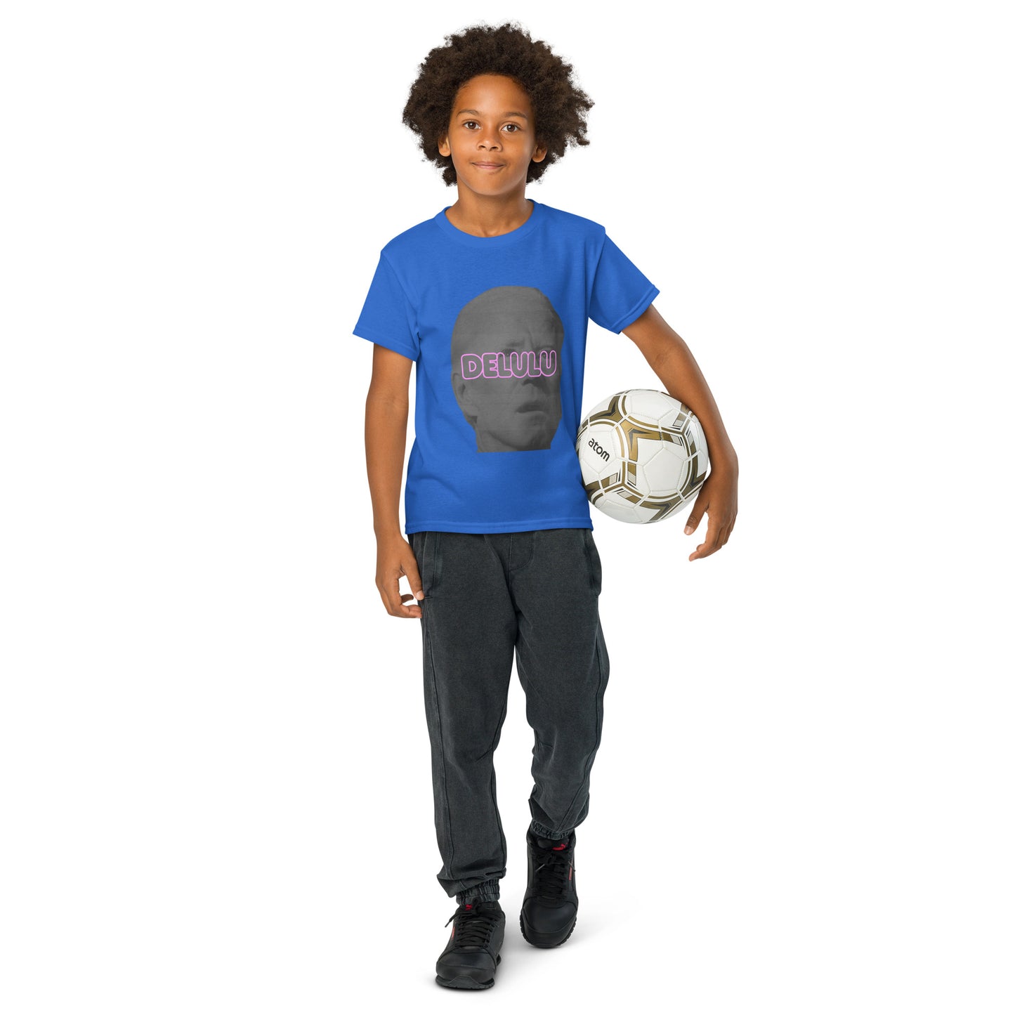 Rear view of plain royal blue youth t-shirt worn by kid model