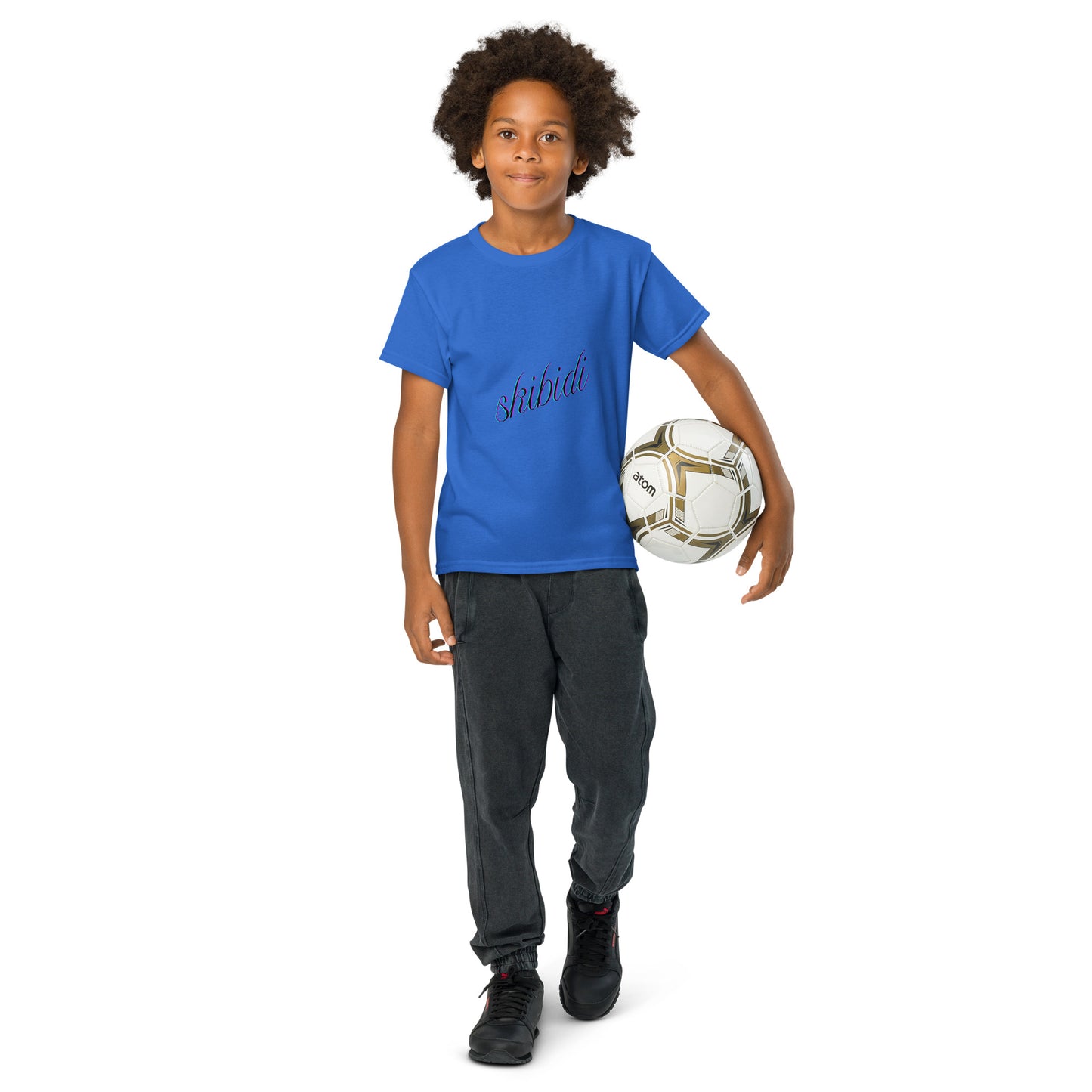 Kid flexing Carolina blue skibidi youth t-shirt front with soccer ball, playground boss energy