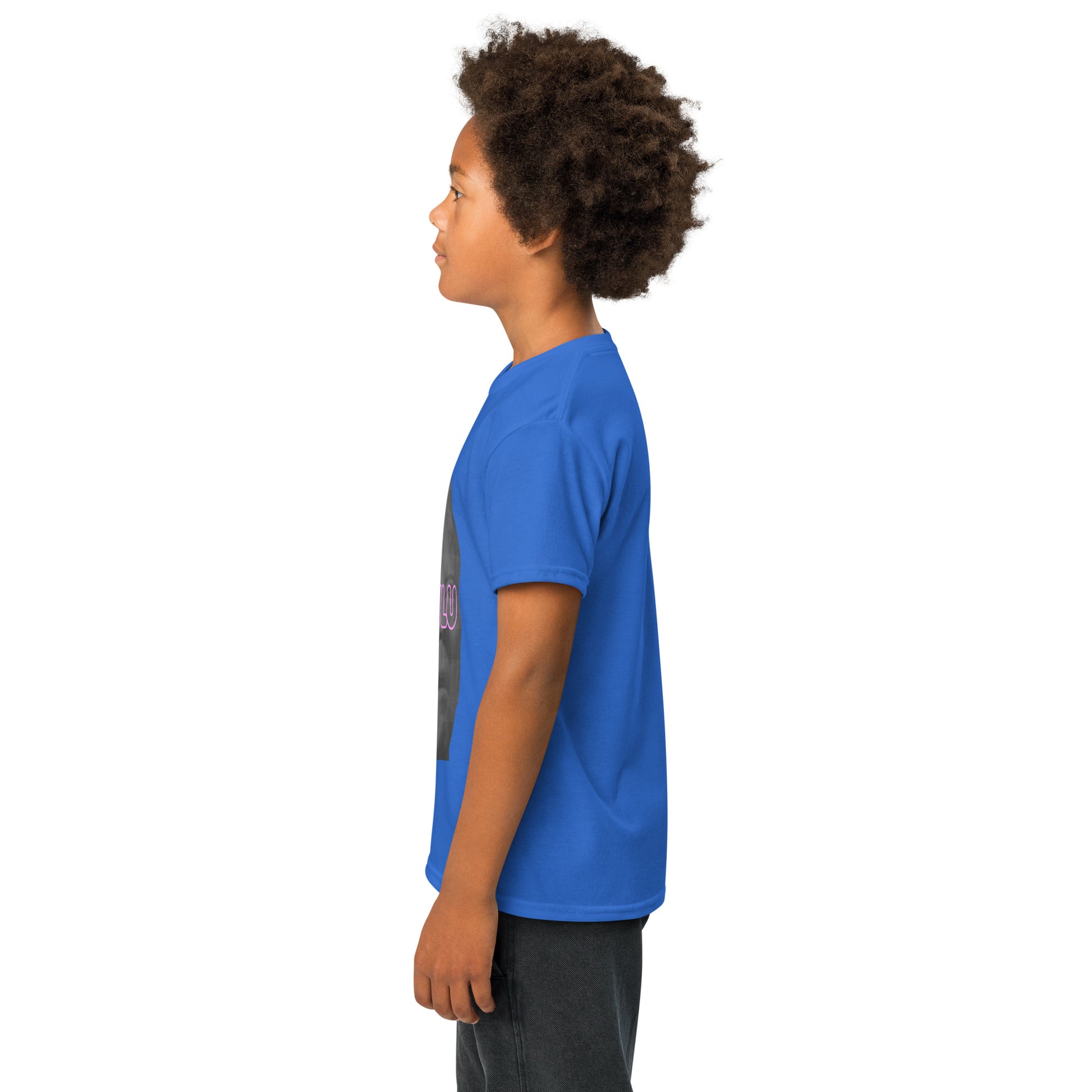 Left side profile of royal blue youth t-shirt on kid model, partial gray Delulu design visible