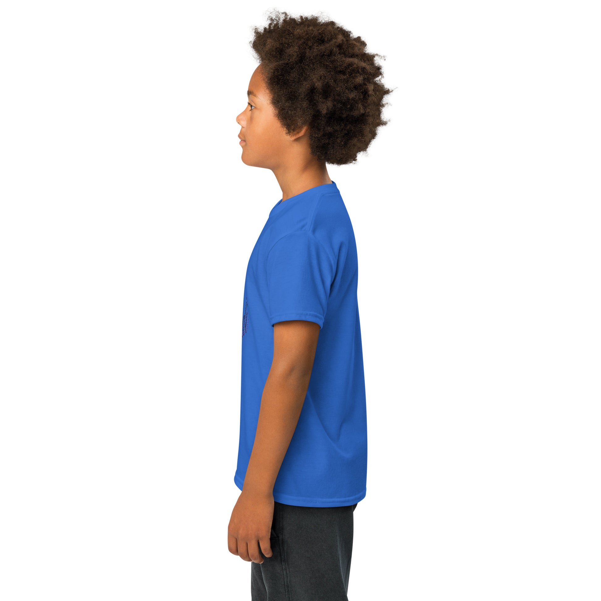 Left side profile of boy in plain Carolina blue youth t-shirt, curly afro vibes