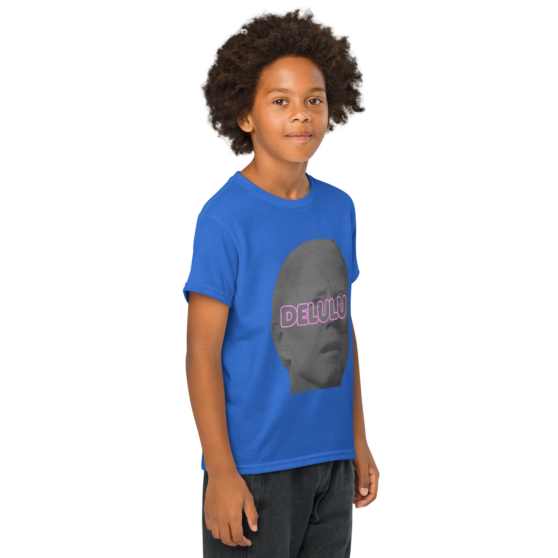 Back view of plain royal blue youth t-shirt on kid with afro in gray pants