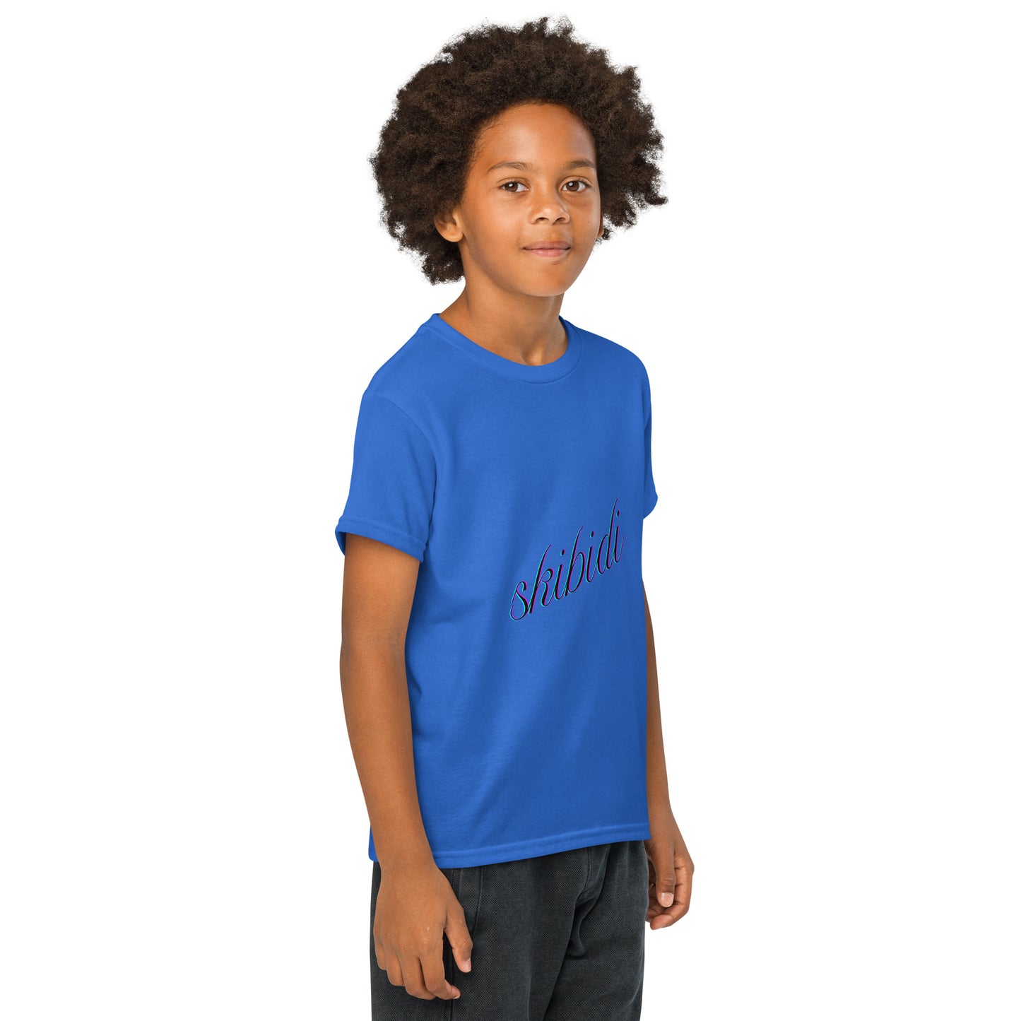 Back view of plain Carolina blue youth t-shirt on boy, adventure-ready fit