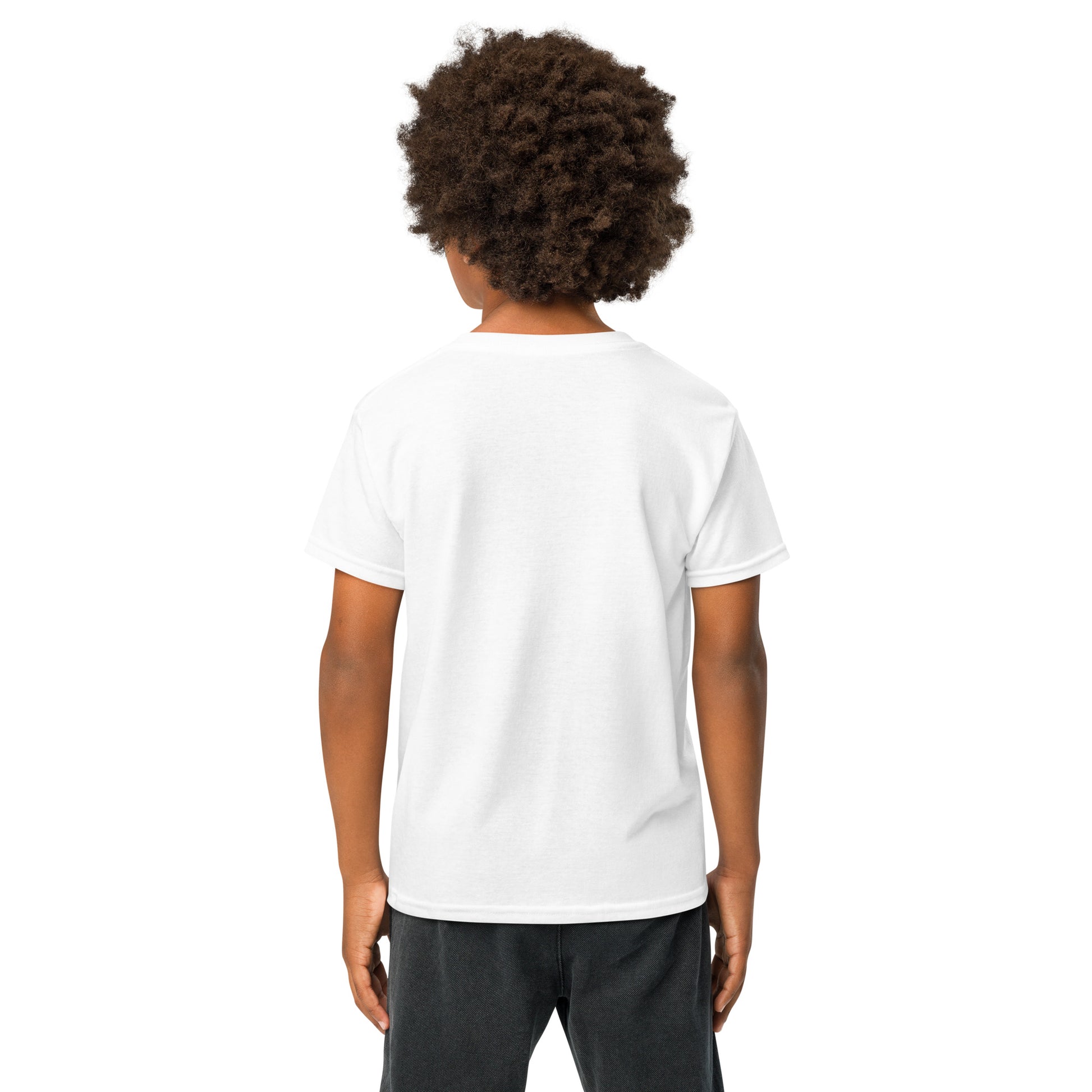 Kid with soccer ball, front navy "skibidi" cursive on white youth t-shirt