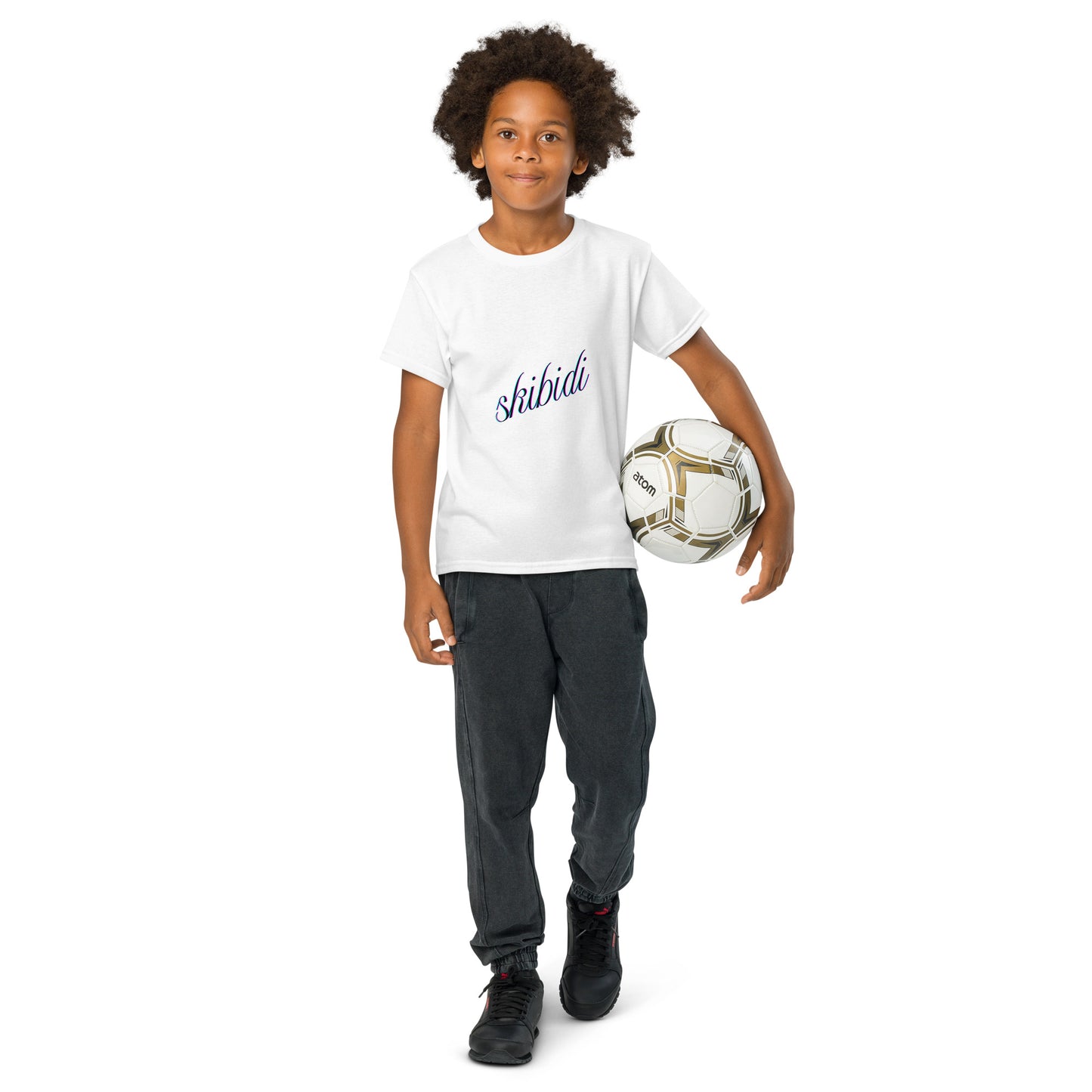Front view kid holding soccer ball, navy "skibidi" print on white youth t-shirt