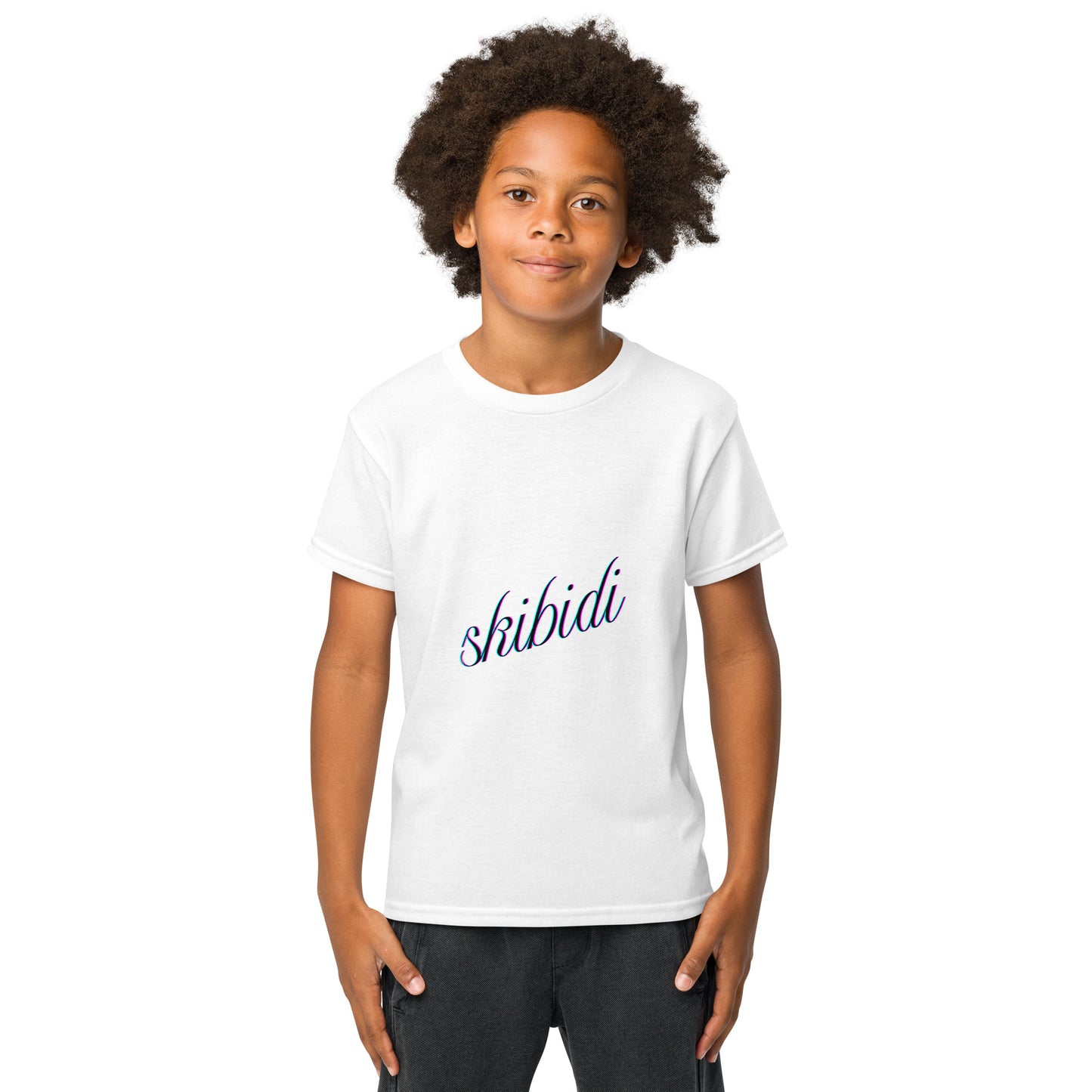 Front view navy cursive "skibidi" on white youth t-shirt, smiling kid hands in pockets