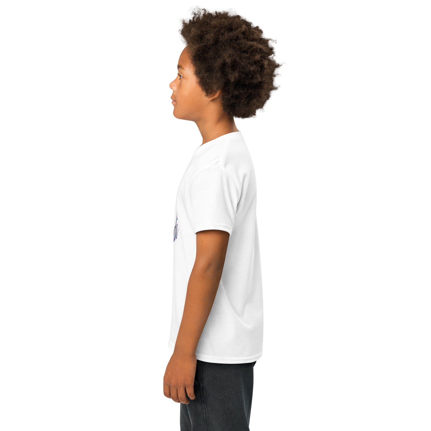 Left side profile white youth t-shirt on young model, clean lines no print
