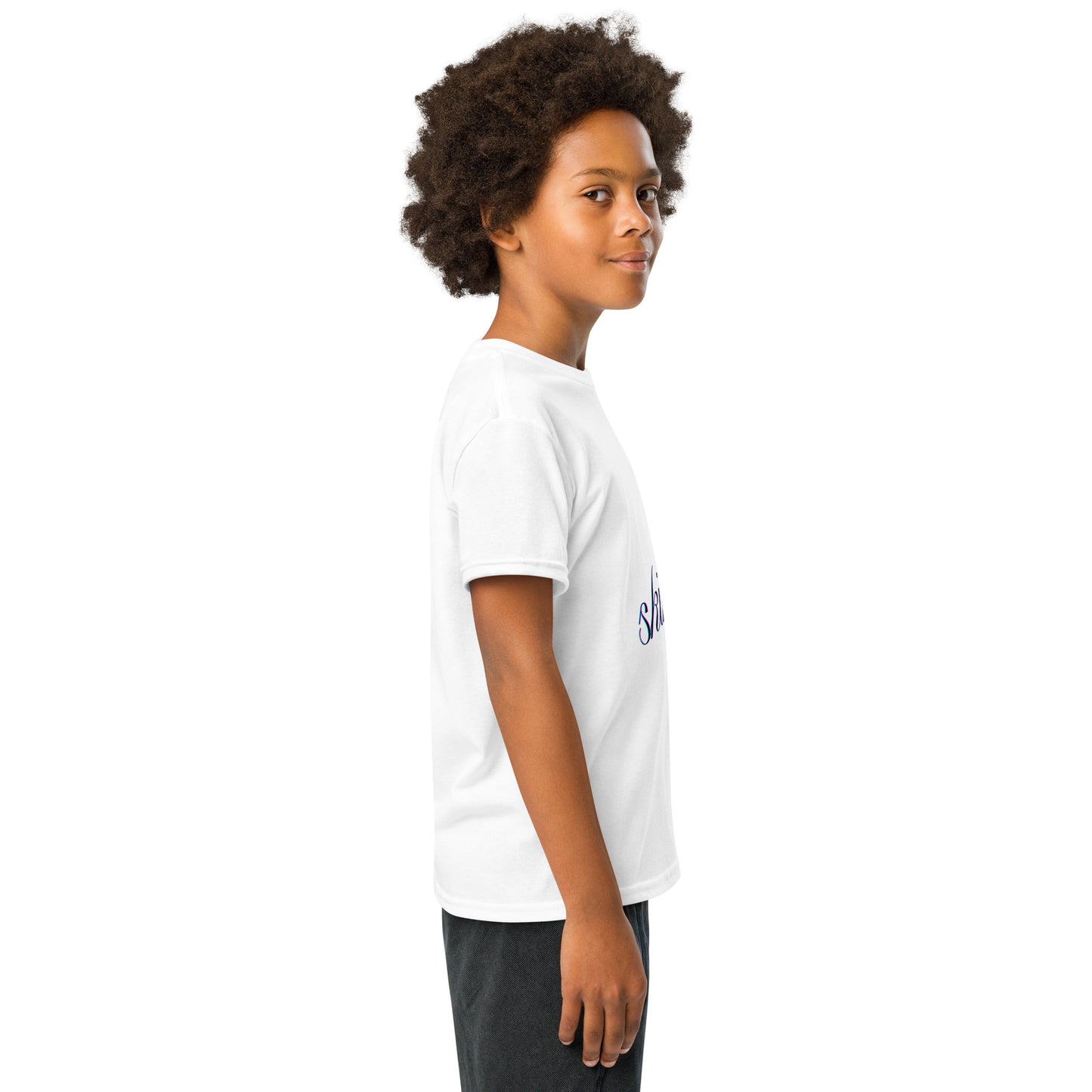 3/4 right view partial navy "skibidi" on white youth t-shirt, kid smiling sideways