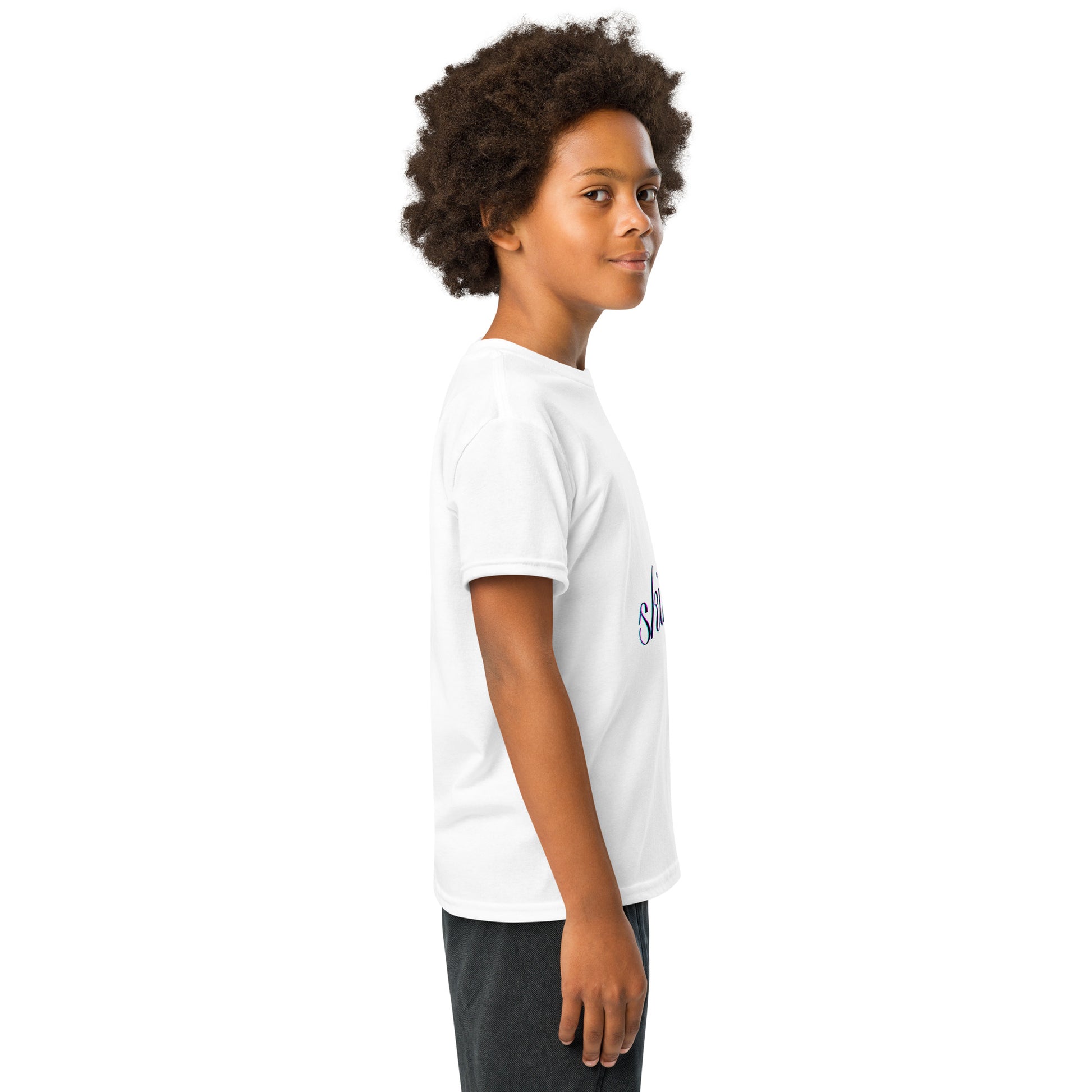 3/4 right view partial navy "skibidi" on white youth t-shirt, kid smiling sideways
