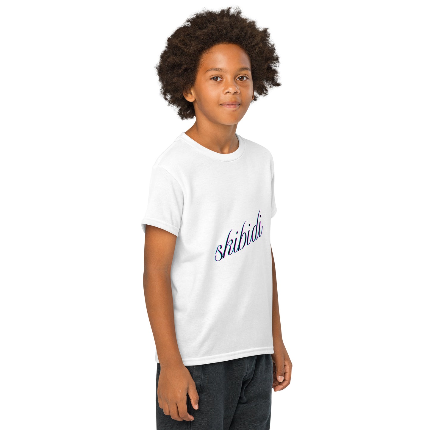 Back view plain white youth t-shirt on kid model, casual stance