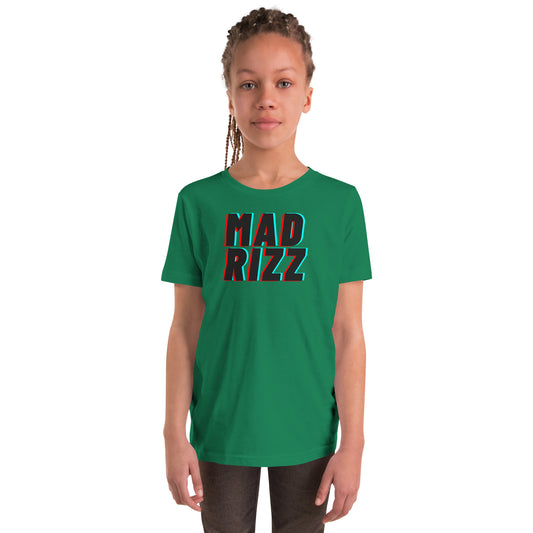 Front view kid owning bright green Mad Rizz youth shirt with glowing 3D MAD RIZZ text